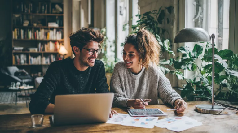 Ein junges, gut ausgebildetes Paar optimiert gemeinsam studentische Finanzen in einer hellen, modernen Wohnung.