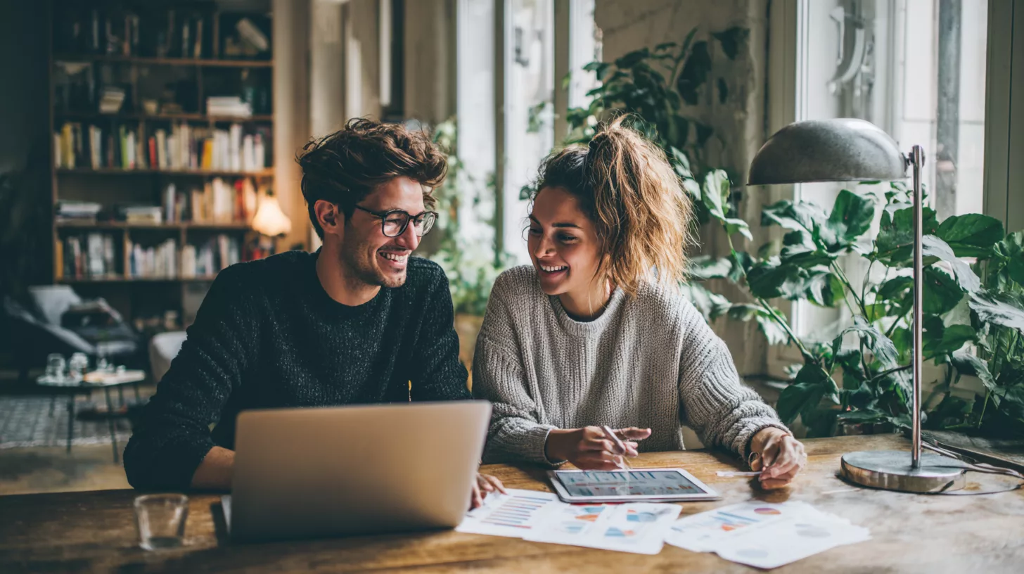 Ein junges, gut ausgebildetes Paar optimiert gemeinsam studentische Finanzen in einer hellen, modernen Wohnung.