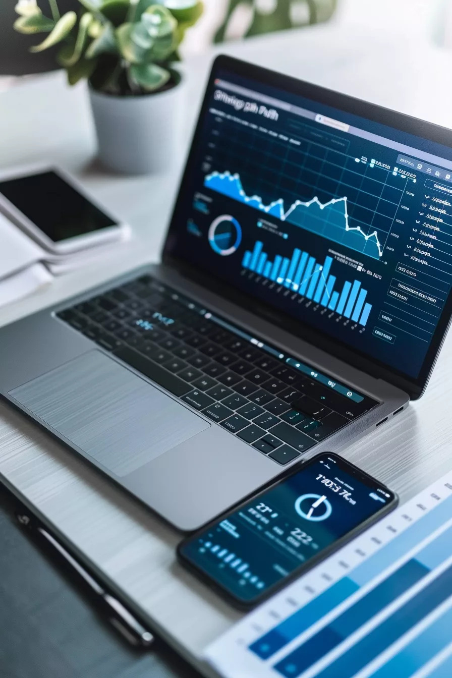 Laptop und iPhone mit Charts und KI